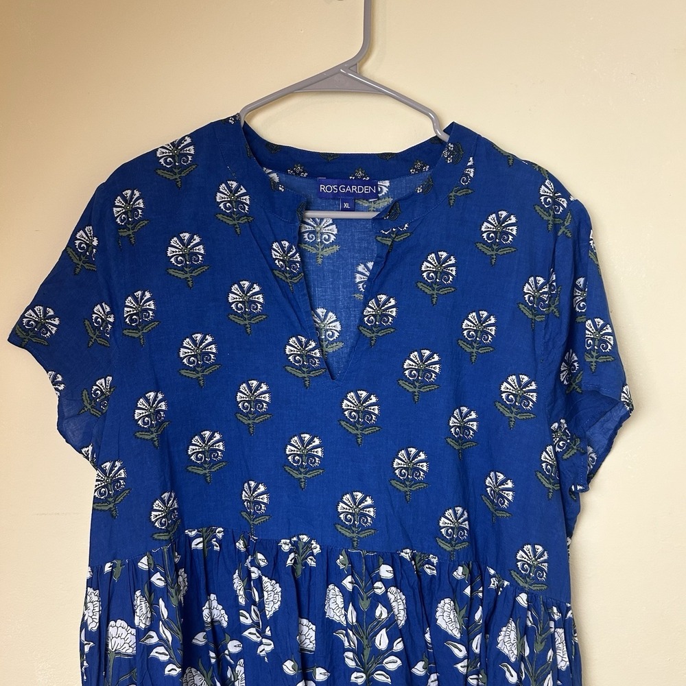 Anthropologie Ro's Garden X-Large Blue Floral Block Print Dress Light Cotton - Picture 3 of 10